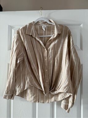 Women’s Beige Striped Button-Down Shirt Medium